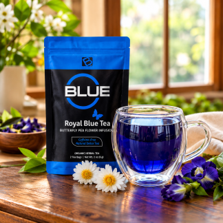 B-Epic Royal Blue Tea with butterfly pea flower herbal infusion in a glass cup